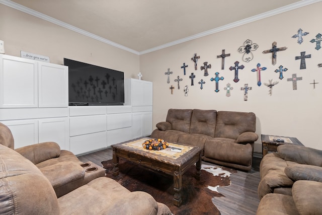 living room with crown molding and dark hardwood / wood-style floors