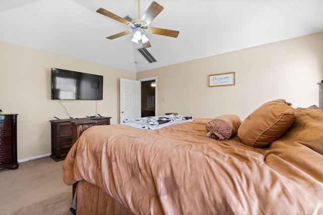 bedroom with light colored carpet, high vaulted ceiling, and ceiling fan