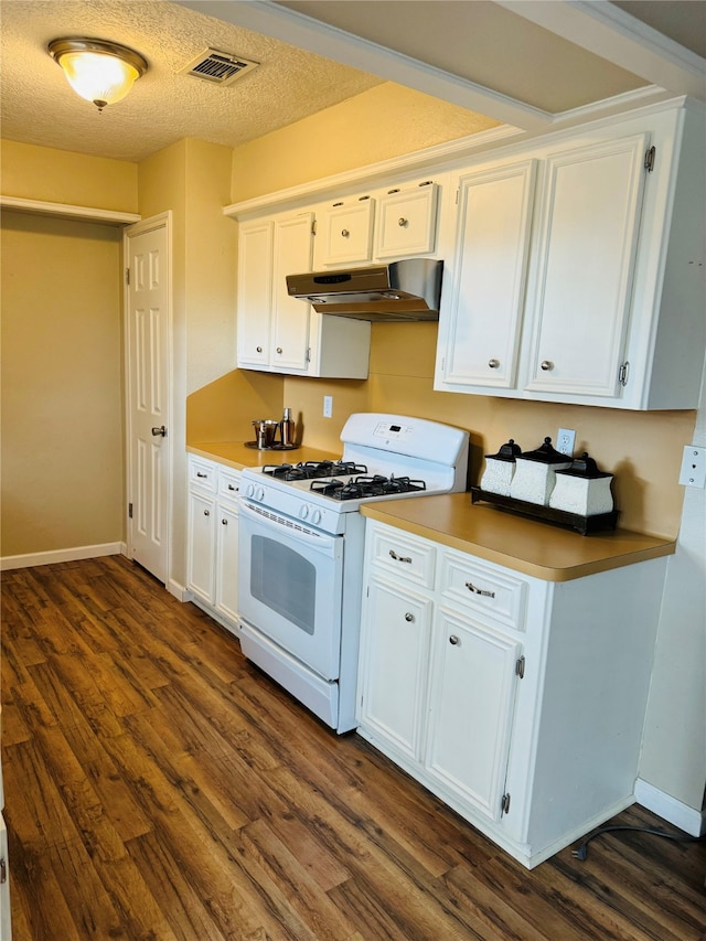 kitchen with white cabinetry, dark hardwood / wood-style flooring, and white range with gas stovetop