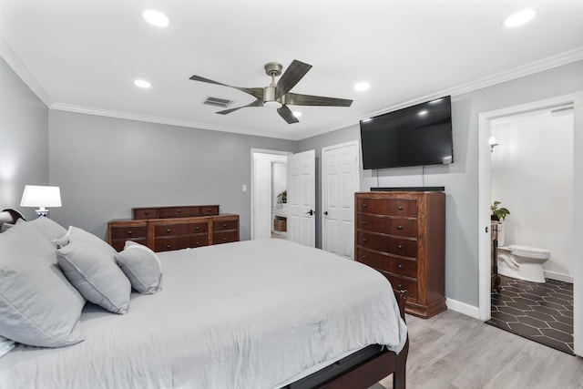 bedroom with ornamental molding, ensuite bathroom, light hardwood / wood-style floors, and ceiling fan