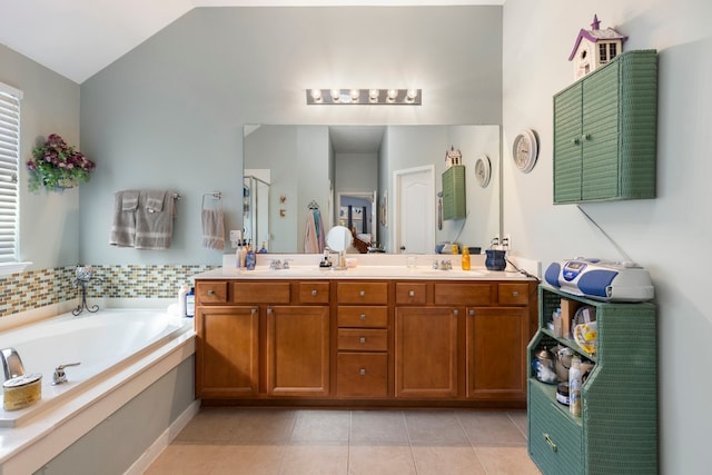 bathroom featuring vanity, tile patterned floors, lofted ceiling, and plus walk in shower