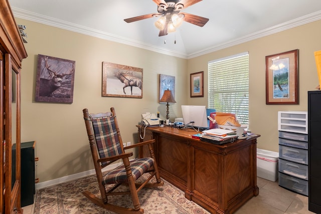 office featuring ornamental molding, light tile patterned floors, and ceiling fan