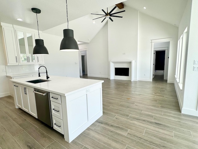 kitchen with wood finish floors, a fireplace, white cabinets, a sink, and dishwasher