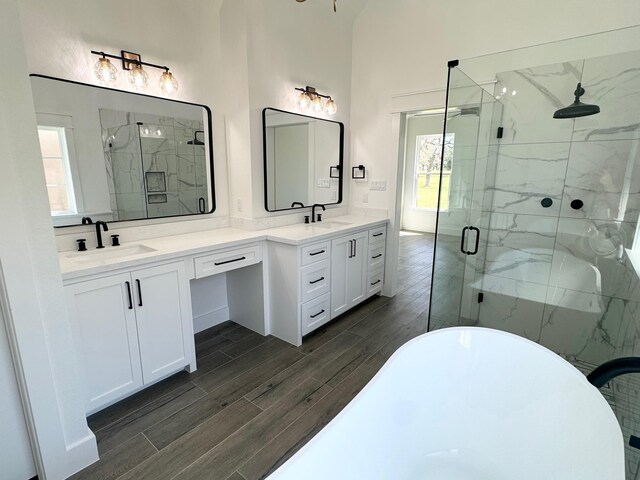 full bath with wood tiled floor, a sink, a shower stall, and double vanity