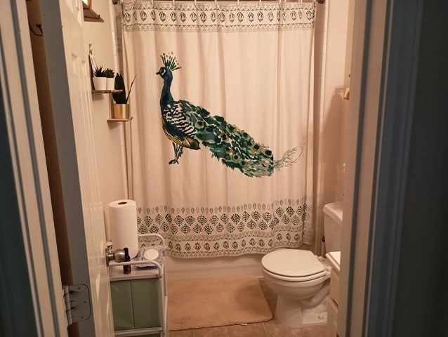 bathroom with vanity, toilet, tile patterned flooring, and a shower with shower curtain