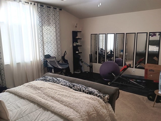 bedroom featuring carpet and lofted ceiling