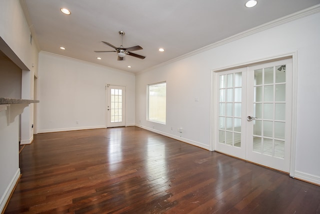 interior space with french doors, ceiling fan, ornamental molding, and dark hardwood / wood-style flooring