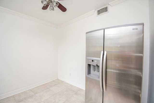 kitchen with ornamental molding, ceiling fan, stainless steel refrigerator with ice dispenser, and light tile patterned floors