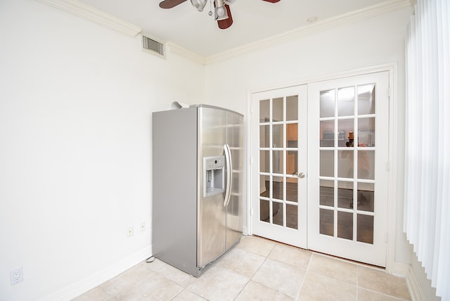 tiled spare room with french doors, ceiling fan, and crown molding