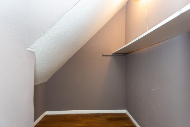 walk in closet with hardwood / wood-style floors and lofted ceiling