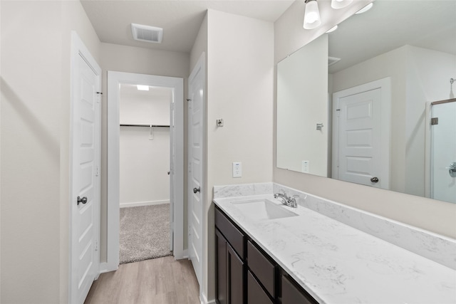 bathroom with wood-type flooring and vanity