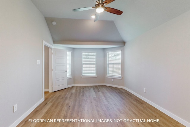 unfurnished bedroom featuring lofted ceiling, light wood-type flooring, and ceiling fan