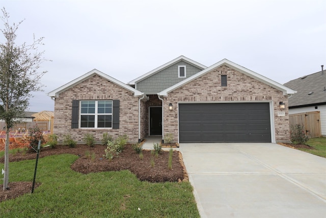 ranch-style house with concrete driveway, brick siding, fence, and an attached garage