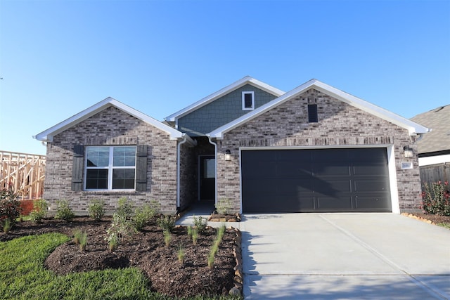 ranch-style house with a garage, fence, concrete driveway, and brick siding