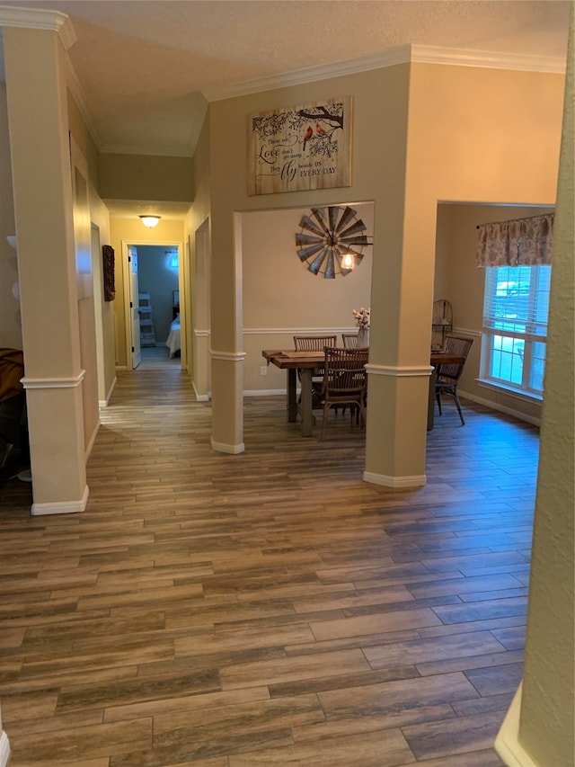 corridor with crown molding and wood-type flooring