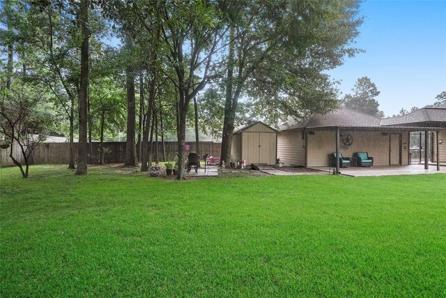 view of yard featuring a storage shed and a patio