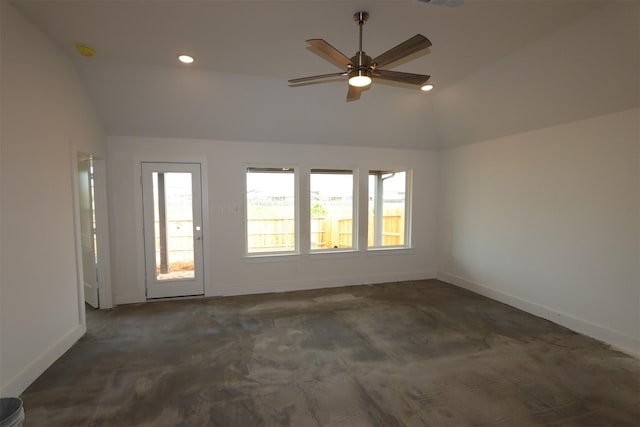 spare room with a ceiling fan, lofted ceiling, recessed lighting, and baseboards