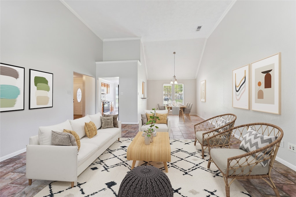 living room featuring crown molding, a notable chandelier, and high vaulted ceiling