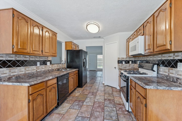 kitchen with black appliances, sink, backsplash, a textured ceiling, and crown molding