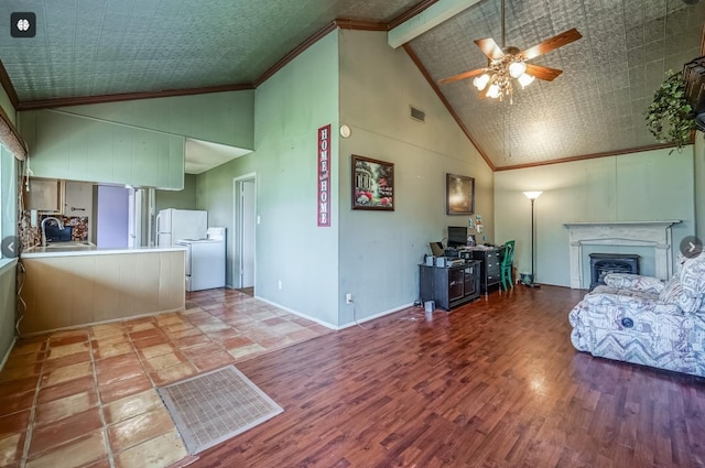 living room featuring beamed ceiling, sink, high vaulted ceiling, light hardwood / wood-style floors, and ceiling fan