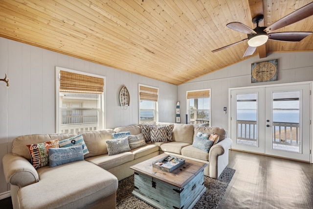 living room featuring french doors, wooden ceiling, vaulted ceiling, a water view, and dark hardwood / wood-style floors