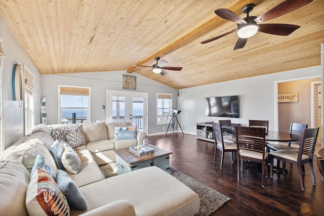 living room with french doors, lofted ceiling with beams, dark hardwood / wood-style flooring, ceiling fan, and wooden ceiling