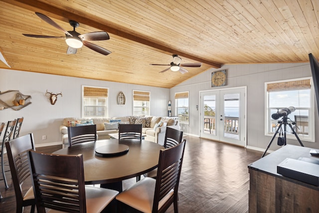 dining area featuring dark wood-type flooring, wood ceiling, french doors, and vaulted ceiling with beams