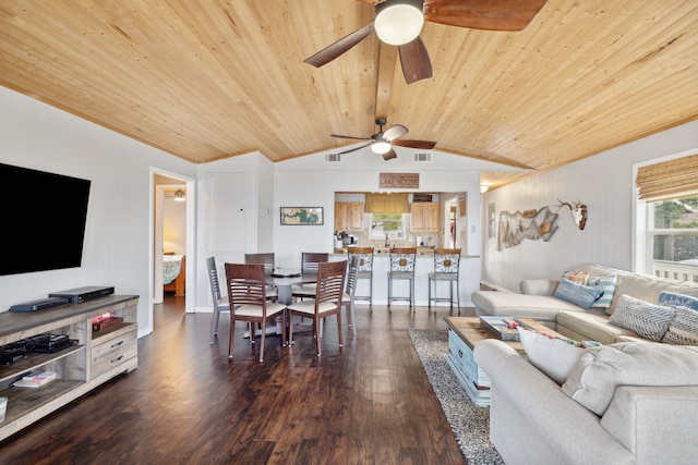 living room with dark hardwood / wood-style flooring, lofted ceiling, wooden ceiling, and ceiling fan