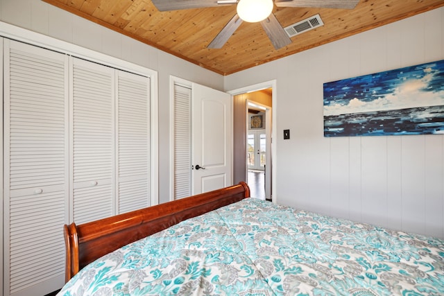 bedroom with ceiling fan, wood walls, and wood ceiling