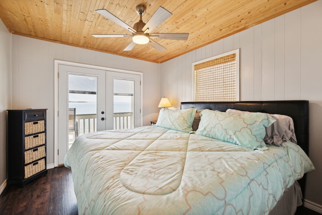 bedroom featuring french doors, access to exterior, ceiling fan, wooden ceiling, and dark wood-type flooring