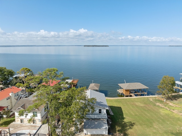 drone / aerial view featuring a water view