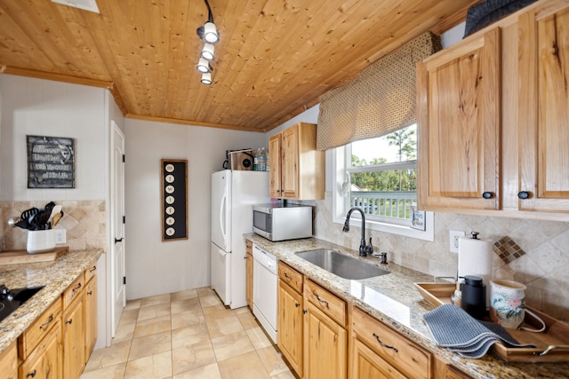 kitchen with white appliances, wooden ceiling, sink, and decorative backsplash