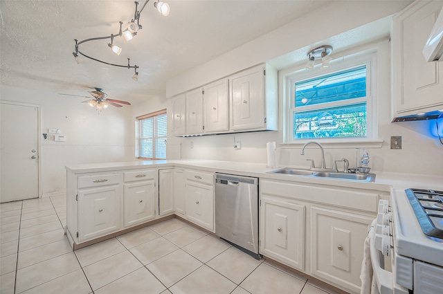 kitchen featuring white cabinets, dishwasher, ceiling fan, and sink