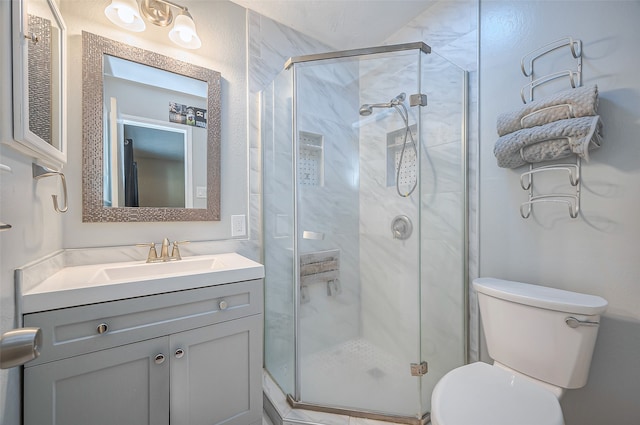 bathroom featuring vanity, toilet, and a shower with shower door