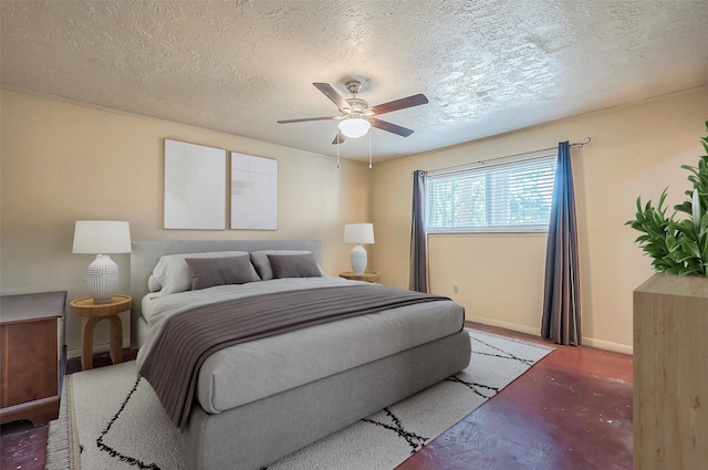 bedroom with a textured ceiling and ceiling fan