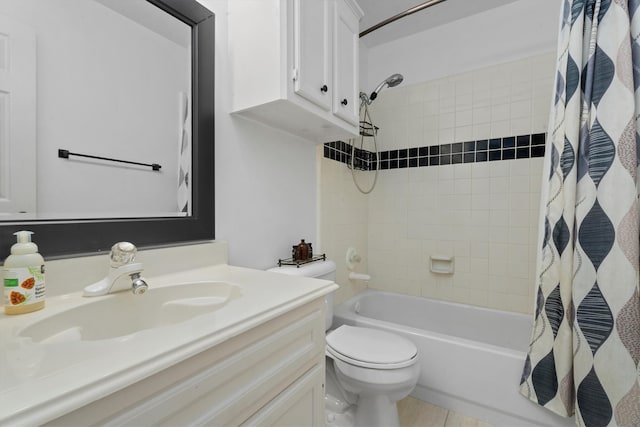 full bathroom with vanity, toilet, tile patterned flooring, and shower / bath combo with shower curtain