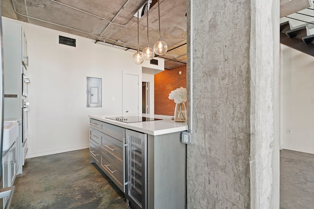 kitchen with black electric stovetop, gray cabinetry, wine cooler, decorative light fixtures, and electric panel