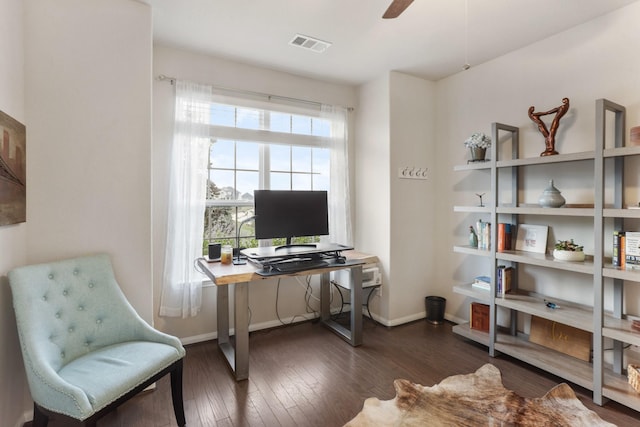 3522 Lake Lugano Cir, Katy, TX 77493 - office area with wood-type flooring, baseboards, and a ceiling fan