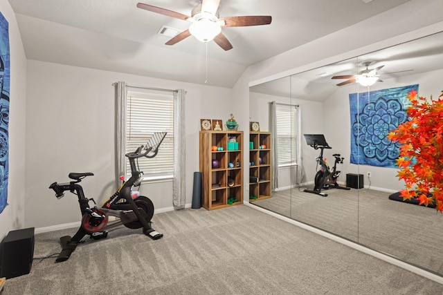 3522 Lake Lugano Cir, Katy, TX 77493 - workout room featuring a ceiling fan, carpet floors, lofted ceiling, baseboards, and plenty of natural light