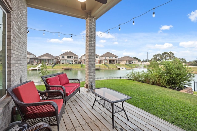 3522 Lake Lugano Cir, Katy, TX 77493 - deck with a residential view, a water view, a ceiling fan, and an outdoor living space