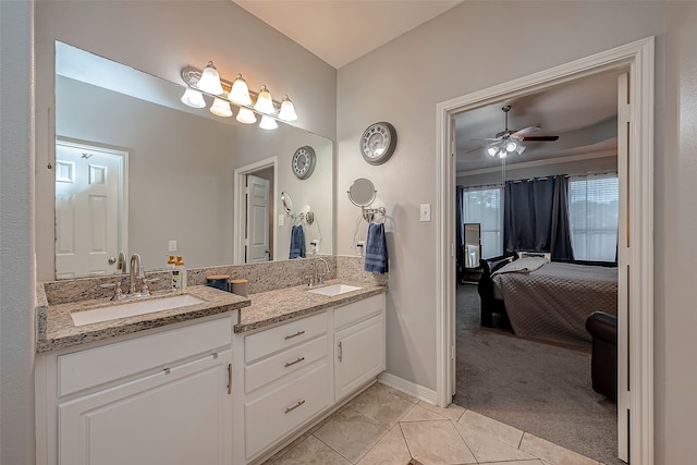 bathroom with vanity, tile patterned flooring, and ceiling fan