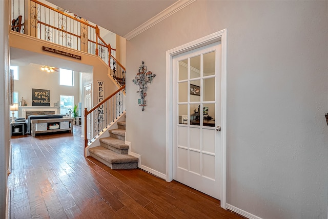 entryway with crown molding and wood-type flooring