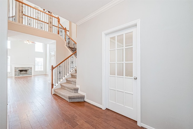 entrance foyer with hardwood / wood-style flooring, ornamental molding, ceiling fan, and a high ceiling