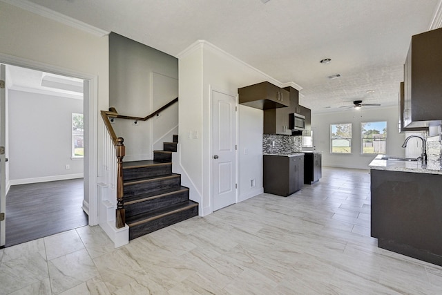 kitchen featuring sink, ceiling fan, crown molding, and tasteful backsplash