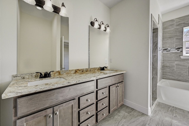 bathroom featuring vanity and shower with separate bathtub