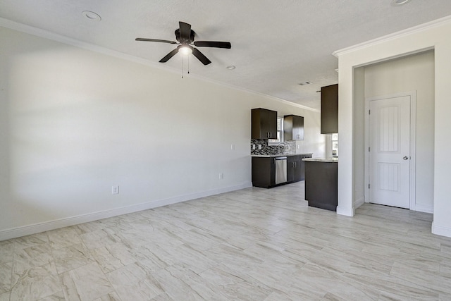 unfurnished living room featuring crown molding, a textured ceiling, and ceiling fan