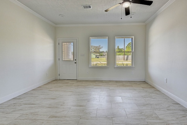 unfurnished room with crown molding, a textured ceiling, and ceiling fan