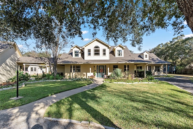 view of front facade featuring covered porch and a front lawn