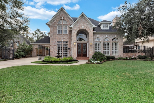 view of front facade with french doors and a front yard