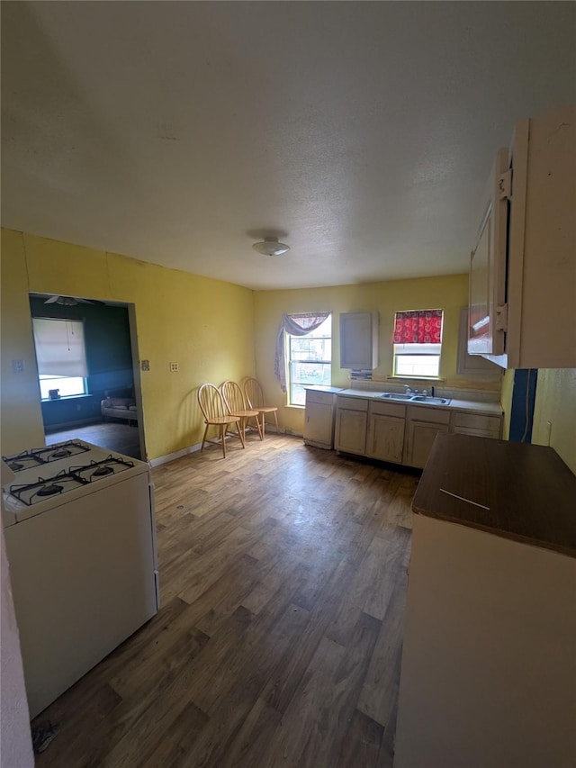 kitchen featuring sink, dark hardwood / wood-style flooring, light brown cabinets, and white gas range oven